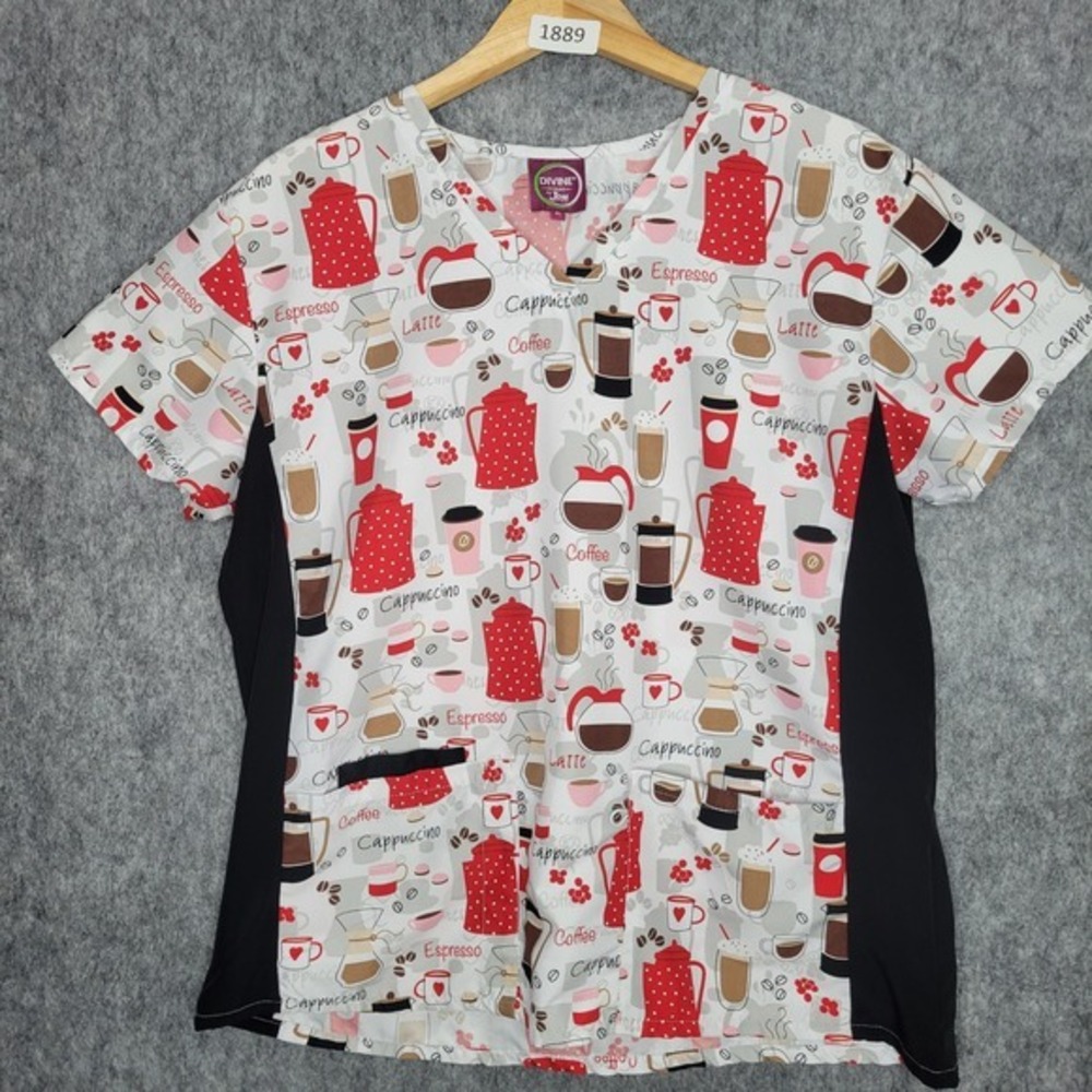 Divine Scrubs Womens Top Size XL V Neck Short‎ Sleeve Coffee Print Black White